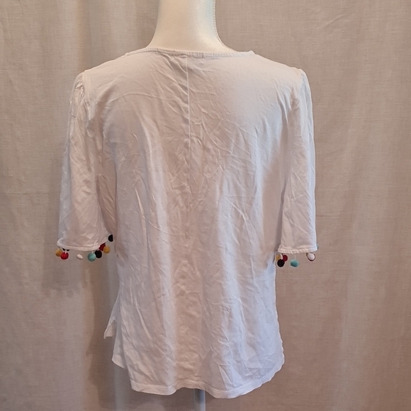 5/$15 Charter Club White Cuffed Sleeve Top with pom-poms on sleeves, Sz L, GUC - Picture 3 of 5